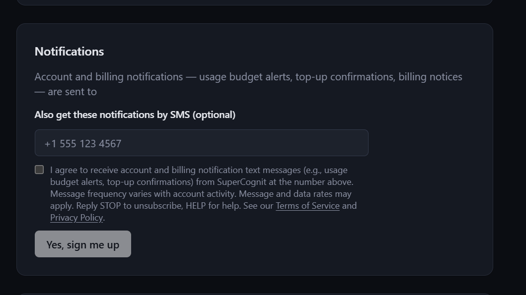 SuperCognit dashboard, Profile page, Notifications card: an empty optional mobile phone number field, an unchecked SMS consent checkbox, and a disabled sign-up button.