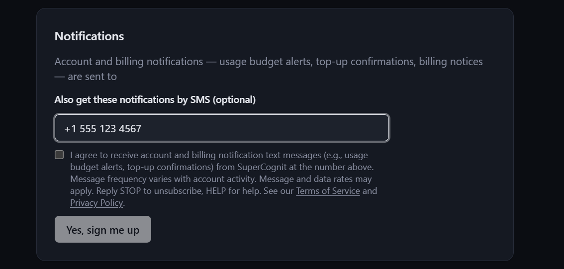 The same card with a mobile number entered, the consent checkbox still unchecked, and the sign-up button still greyed out and disabled.