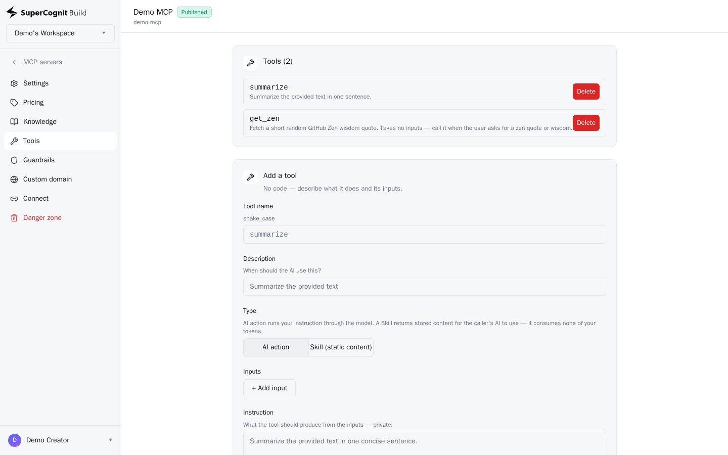 The SuperCognit creator portal showing an MCP server's tools tab: two live tools and a no-code 'Add a tool' form with name, description, type, and inputs fields.